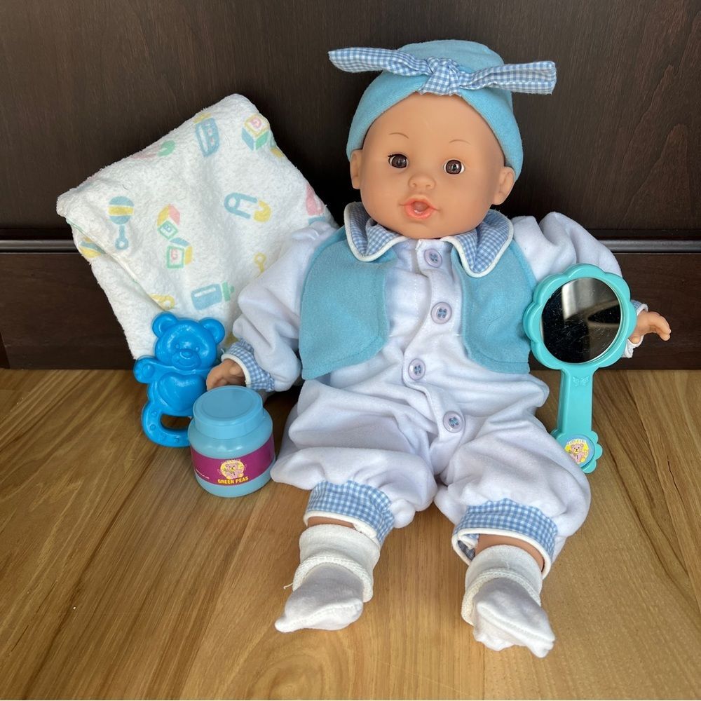 Baby Doll China 1446 Cloth Body White and Blue Outfit Hat Accessories